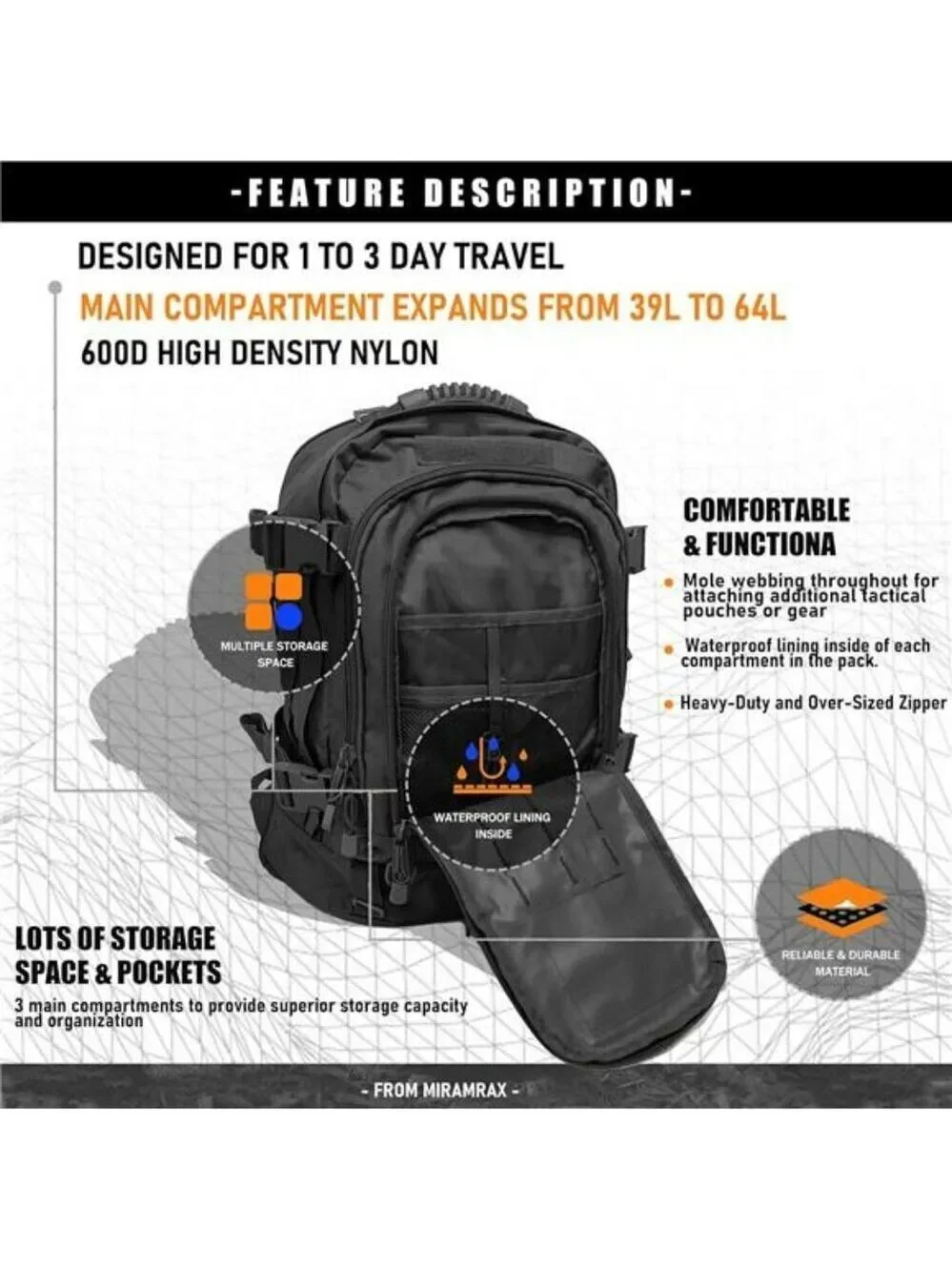 Tactical Military Backpack Molle 3 Day Pack Hiking Camping Travel Black